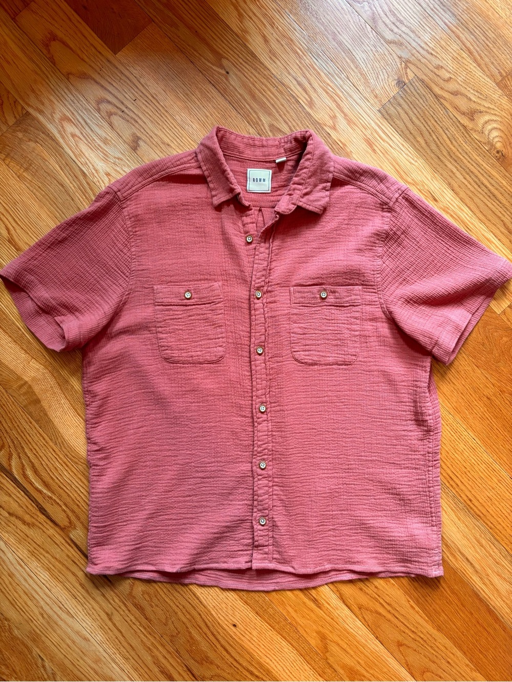 Short-Sleeve Cotton Blend Textured Button-Up Terra Cotta